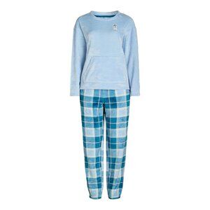 Joyspun Women’s Crew Neck Plush Pajama Set – Size XS (0–2), Light Blue with Bear